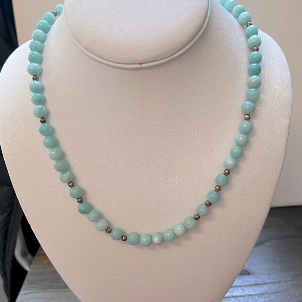 New sterling silver and Larimar Gemstone necklace with sterling silver beads.
